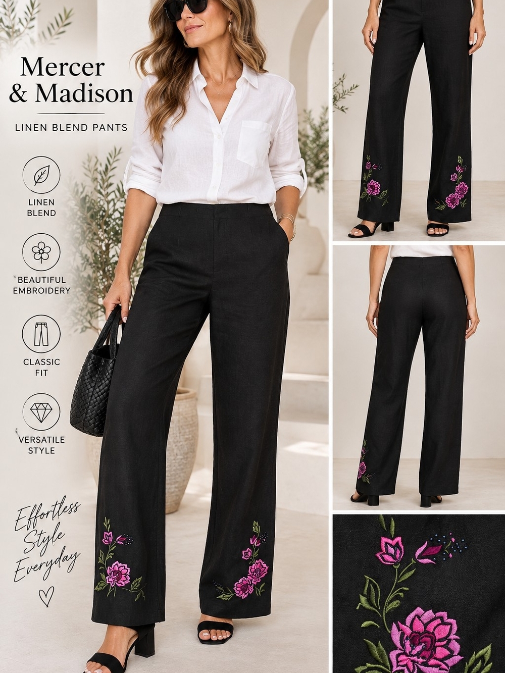 Mercer & Madison Linen Blend Pants Size 14 Black Floral Embroidered Beaded